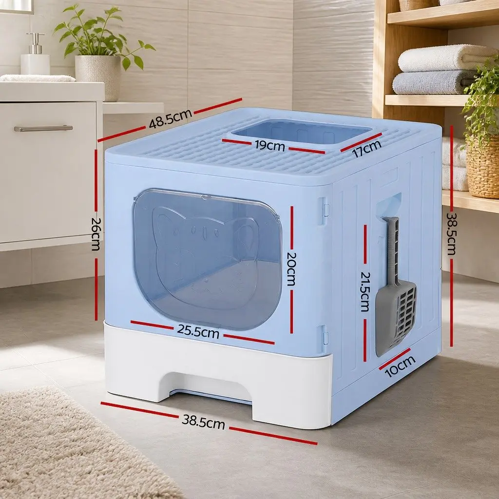 Cat Litter Box Large Enclosed Hooded Foldable Tray with Scoop Blue