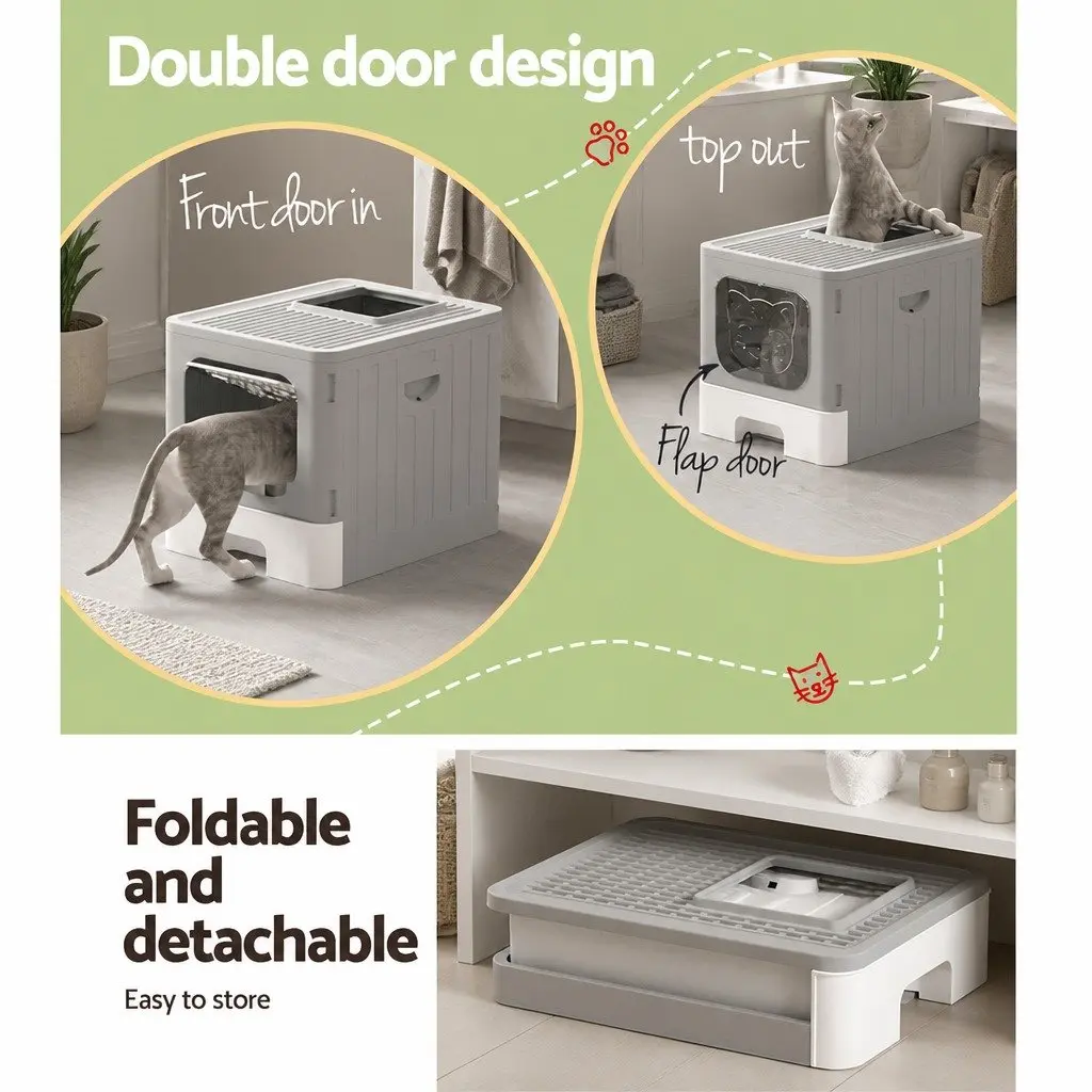 Cat Litter Box Enclosed Foldable with Scoop Grey White