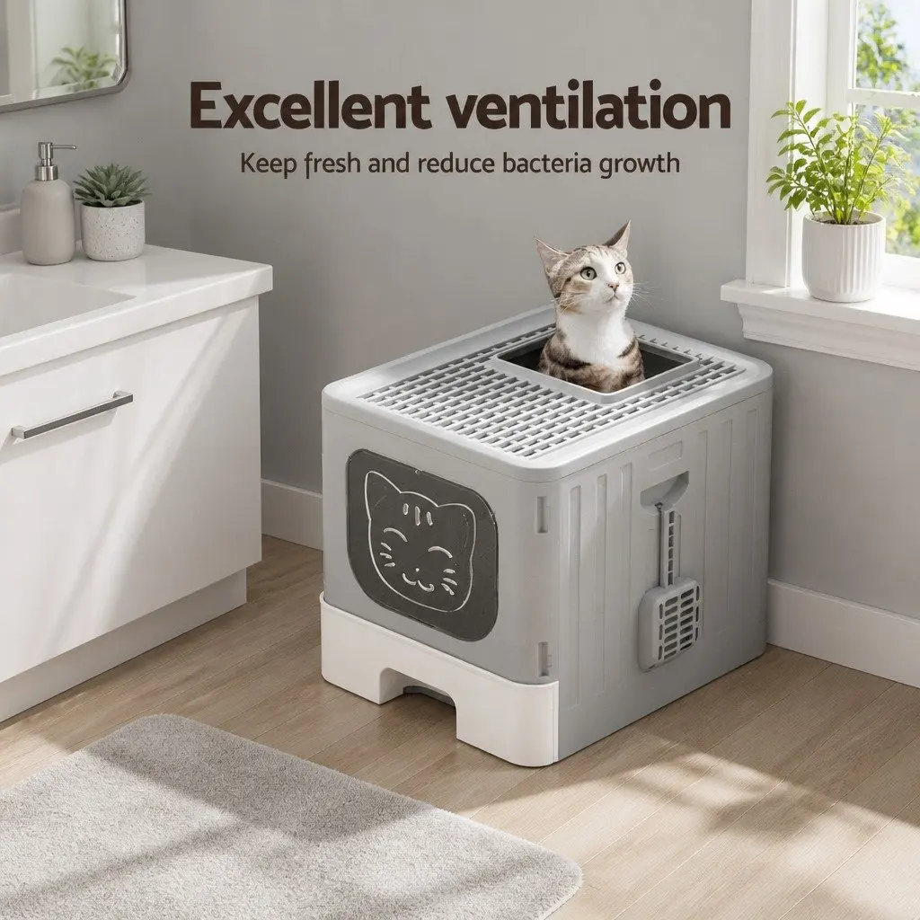 Cat Litter Box Enclosed Foldable with Scoop Grey White