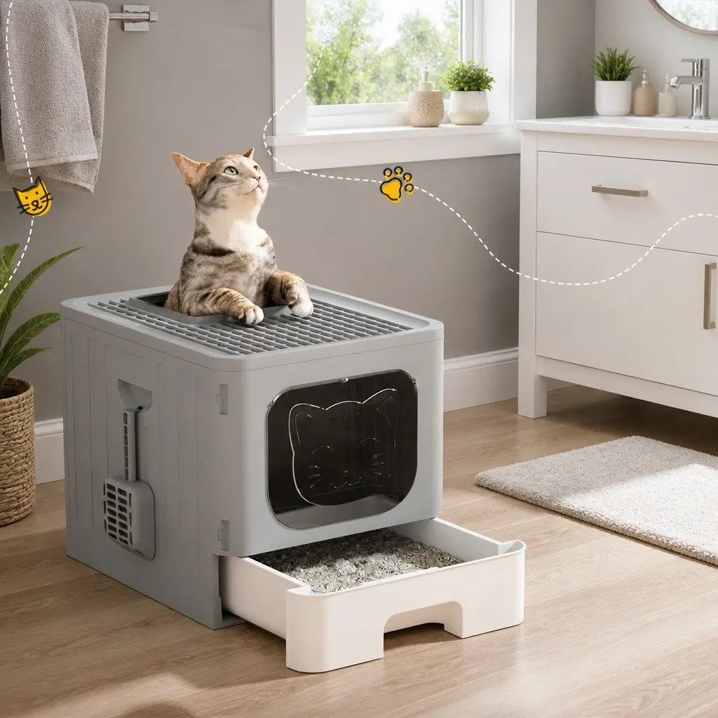 Cat Litter Box Enclosed Foldable with Scoop Grey White