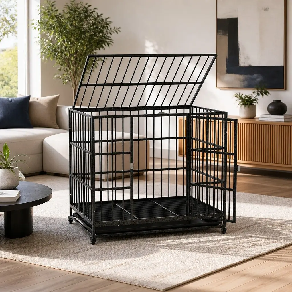 Large Metal Dog Cage with Lockable Wheels Removable Tray for Easy Cleaning and Double Doors in Black