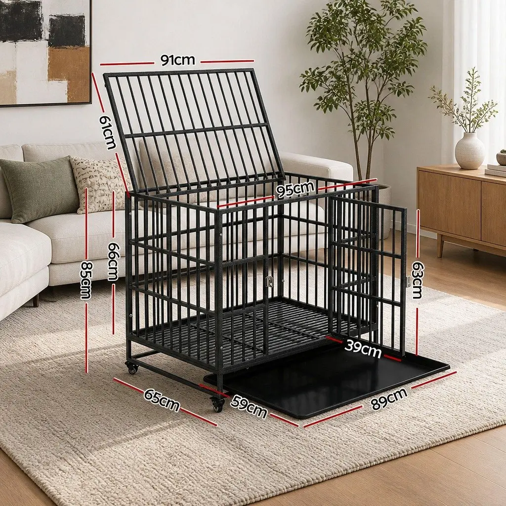 Large Metal Dog Cage with Lockable Wheels Removable Tray for Easy Cleaning and Double Doors in Black