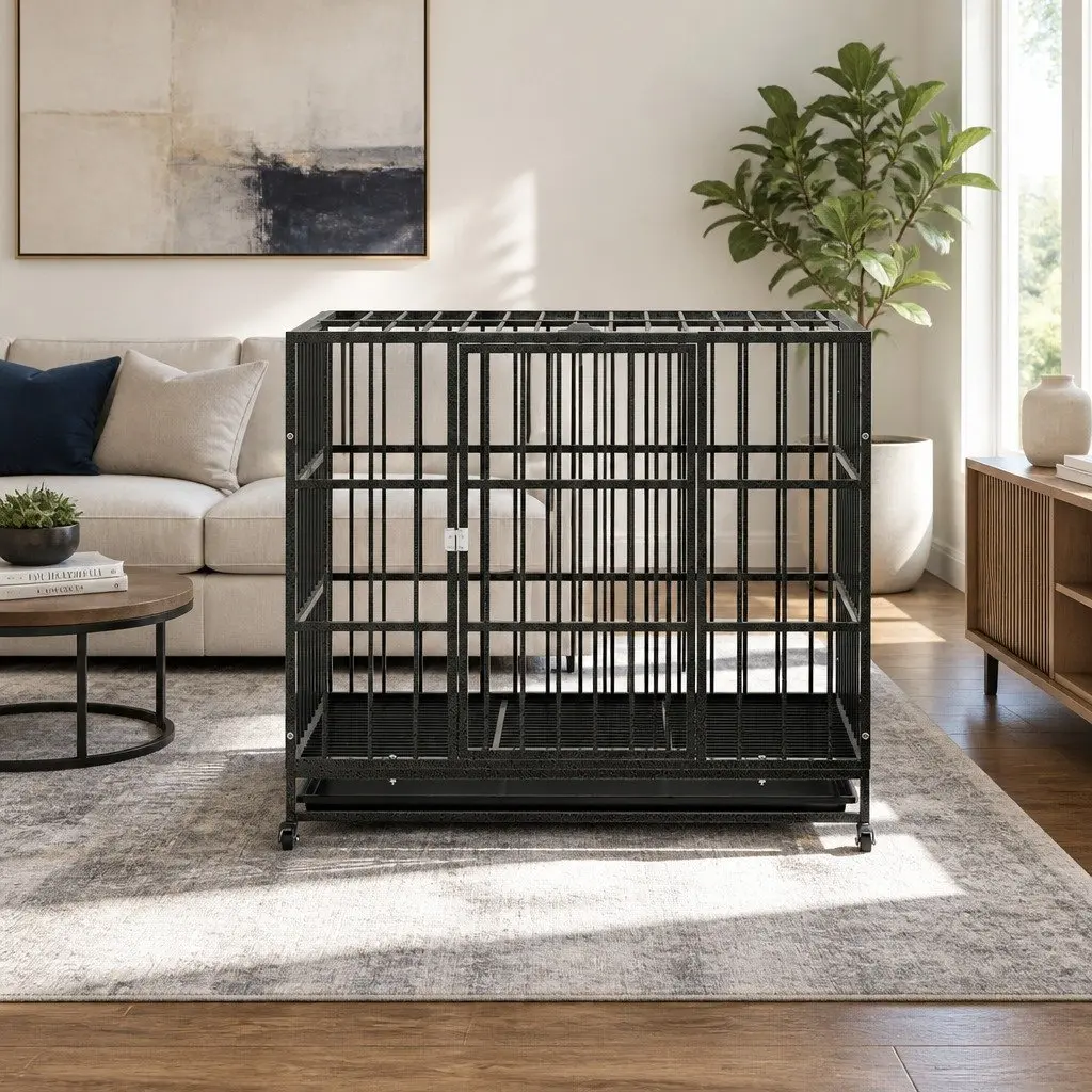 Large Metal Dog Cage with Lockable Wheels Removable Tray for Easy Cleaning and Double Doors in Black
