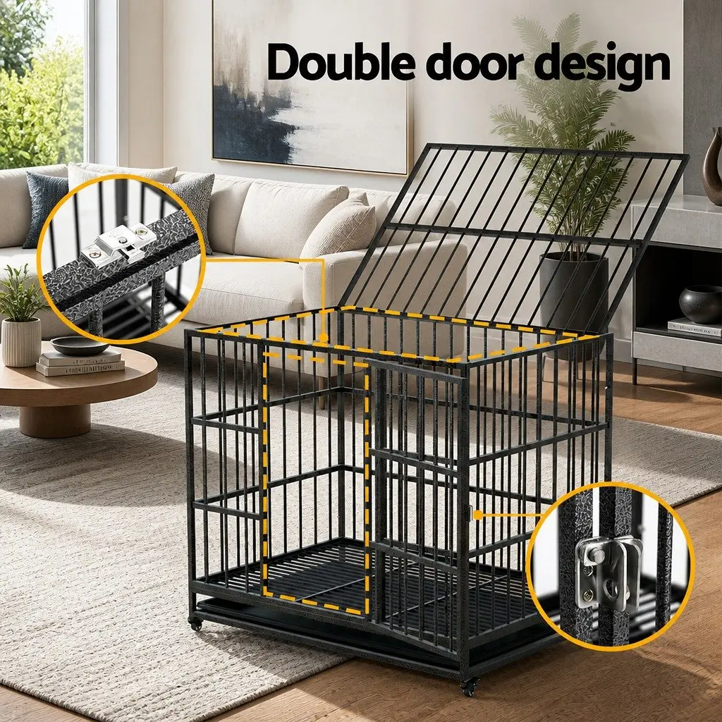 Large Metal Dog Cage with Lockable Wheels Removable Tray for Easy Cleaning and Double Doors in Black
