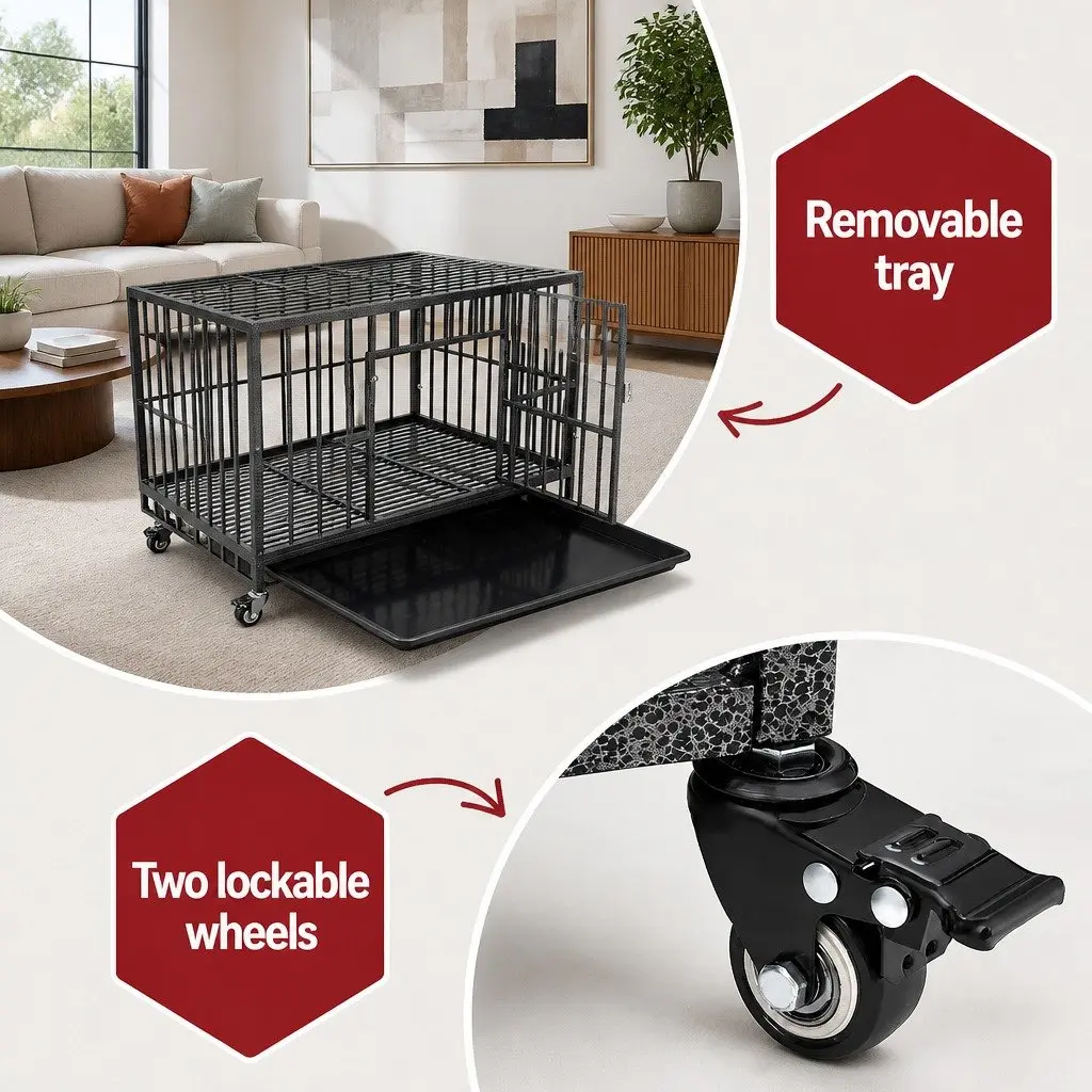 Large Metal Dog Cage with Lockable Wheels Removable Tray for Easy Cleaning and Double Doors in Black