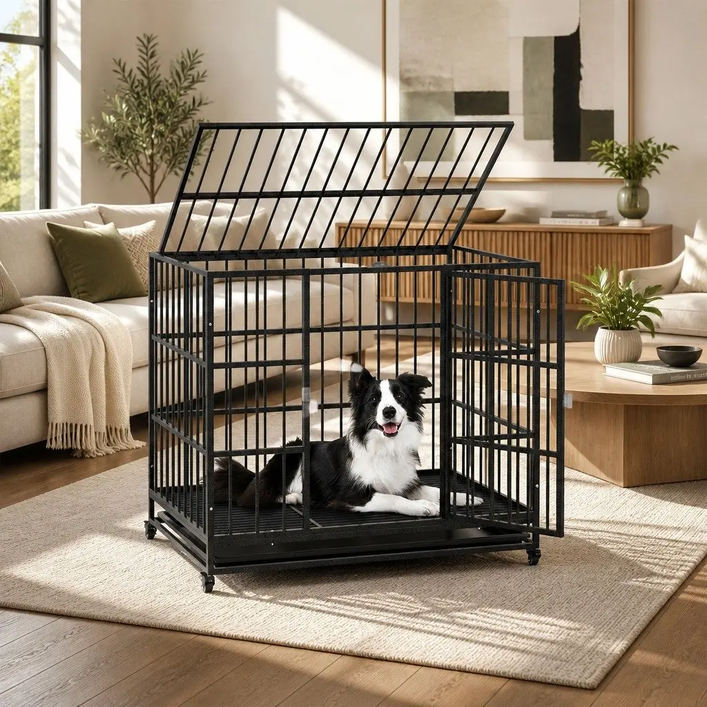Large Metal Dog Cage with Lockable Wheels Removable Tray for Easy Cleaning and Double Doors in Black