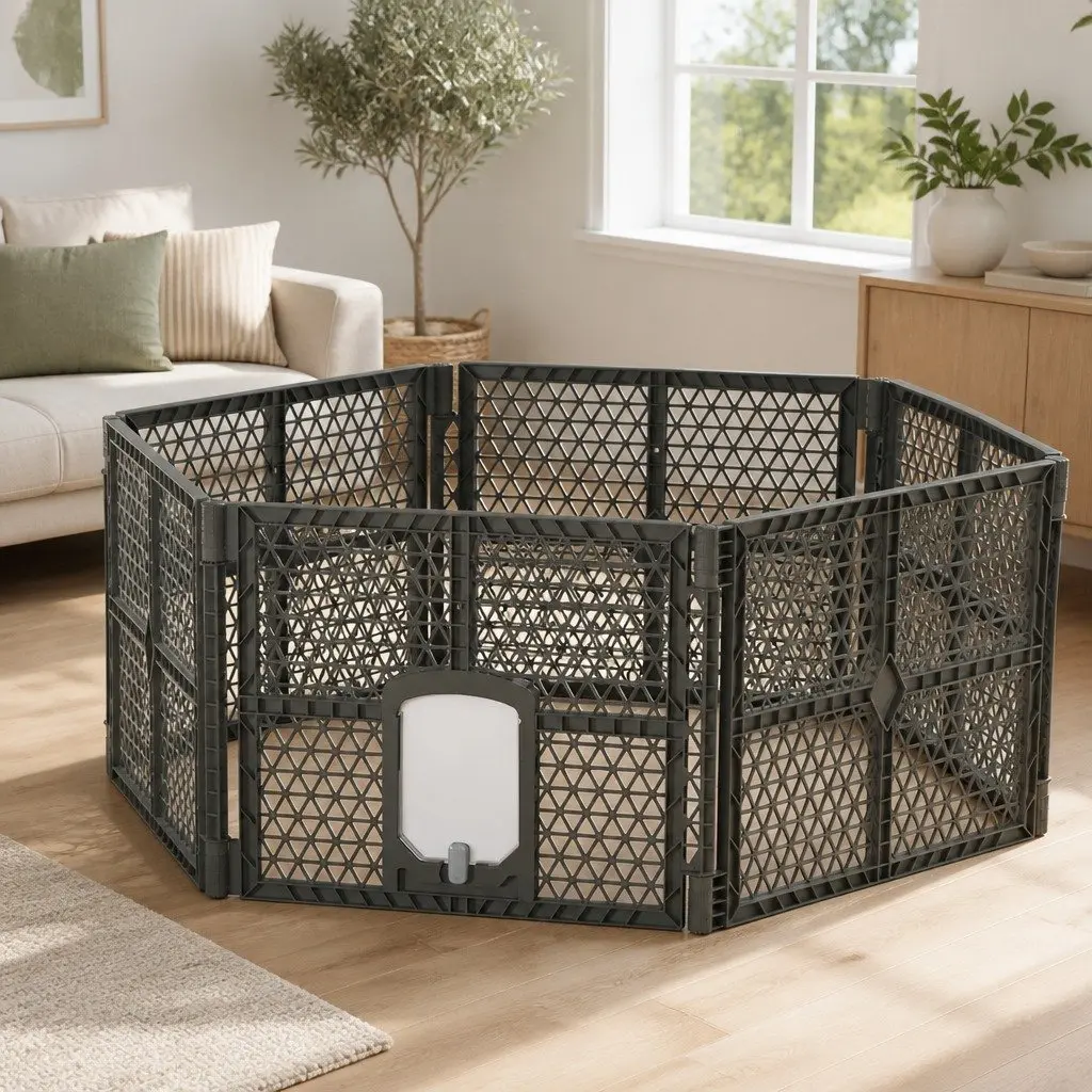 Dog Playpen 6 Panel Foldable Plastic Enclosure Brown