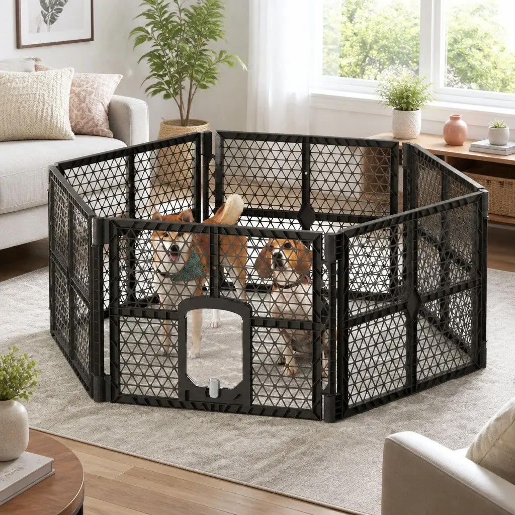 Dog Playpen 6 Panel Foldable Plastic Enclosure Brown