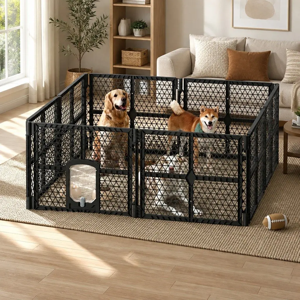 Dog Playpen 8 Panel Foldable Plastic Enclosure Brown