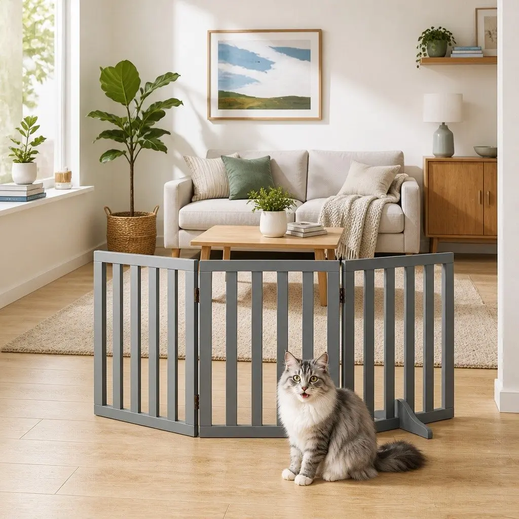 Dog Gate Playpen Enclosure 3 Panels Pet Door Fence Wooden Play Pen Grey Stair
