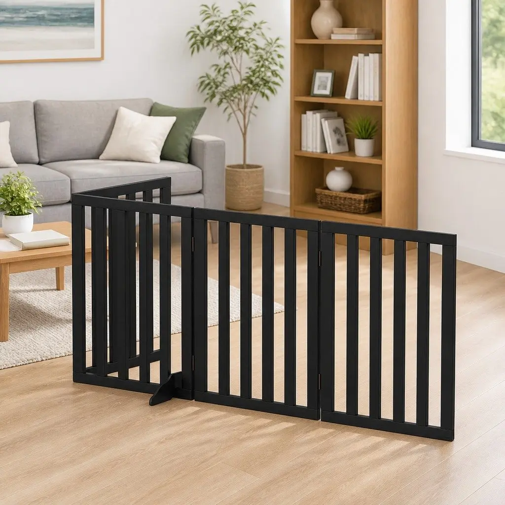 Dog Gate Playpen Enclosure 4 Panels Pet Door Fence Wooden Play Pen Stair Black