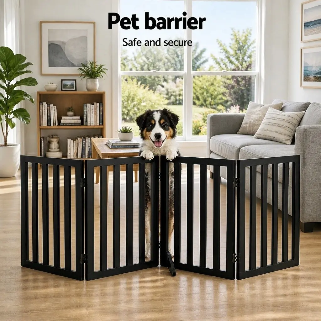Dog Gate Playpen Enclosure 4 Panels Pet Door Fence Wooden Play Pen Stair Black