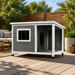 Dog Kennel House Large Wooden Outdoor Indoor Puppy Cabin Log Pet Shelter Grey
