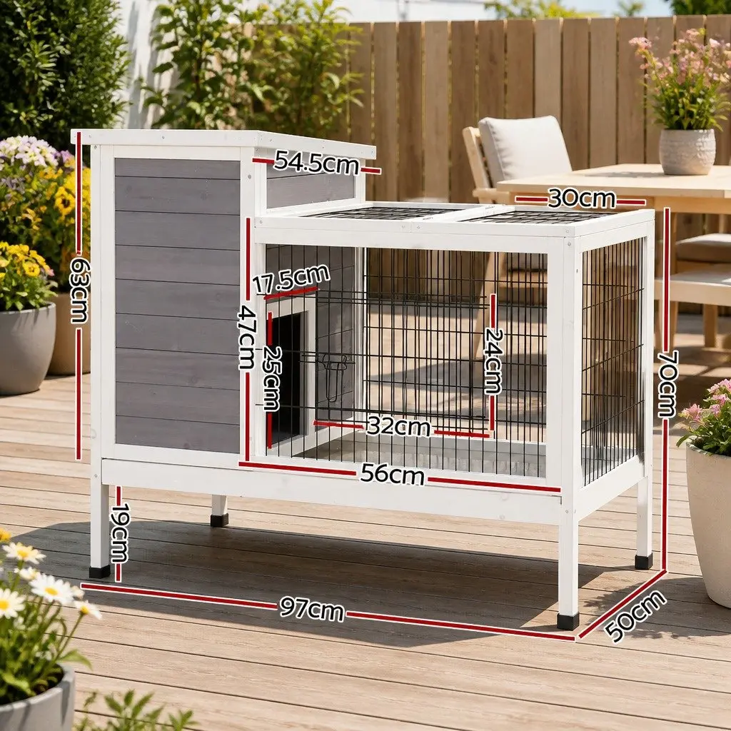 Wooden Rabbit Hutch 97cm Large Outdoor Cage with Dual Areas and Easy Access Doors