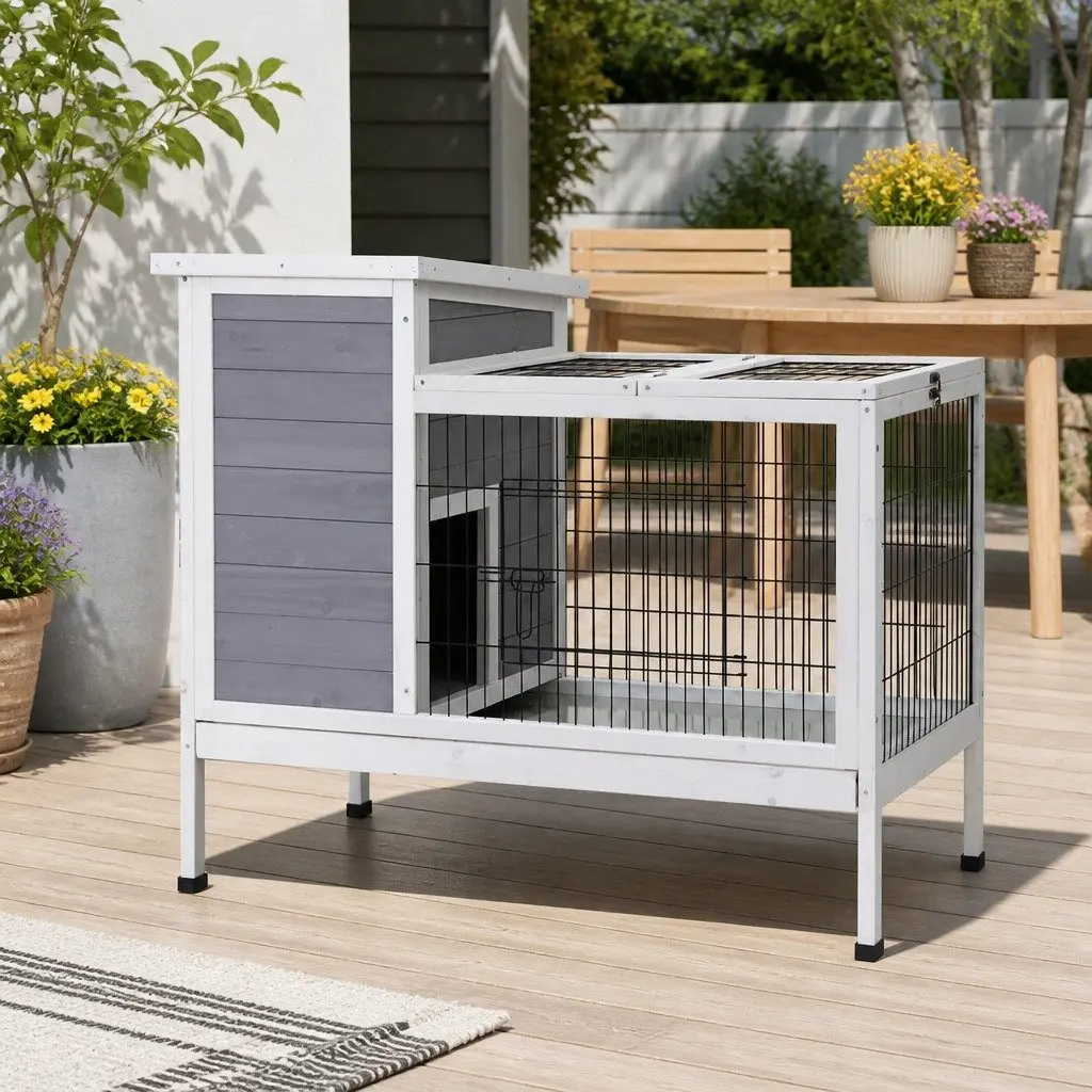 Wooden Rabbit Hutch 97cm Large Outdoor Cage with Dual Areas and Easy Access Doors
