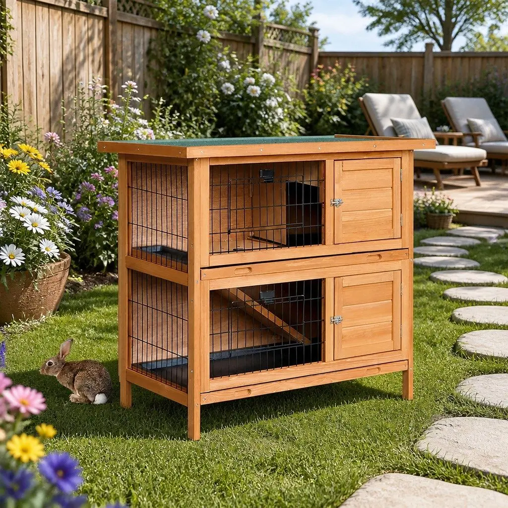 Rabbit Hutch 91.5cm Large Wooden Double Tier Cage with Foldable Ramps for Small Animals