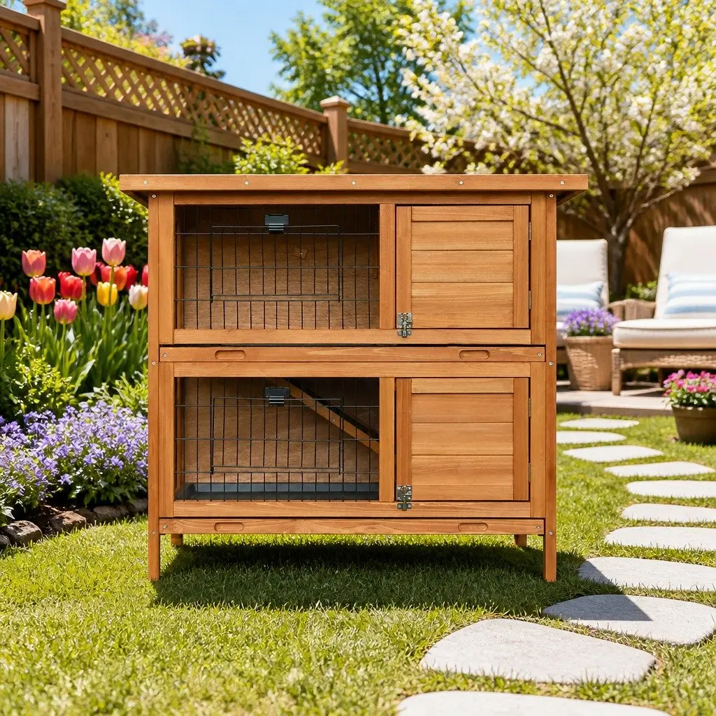 Rabbit Hutch 91.5cm Large Wooden Double Tier Cage with Foldable Ramps for Small Animals
