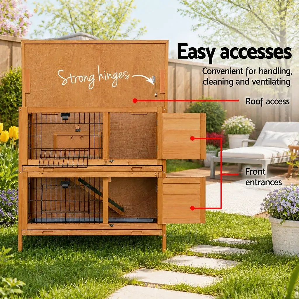 Rabbit Hutch 91.5cm Large Wooden Double Tier Cage with Foldable Ramps for Small Animals