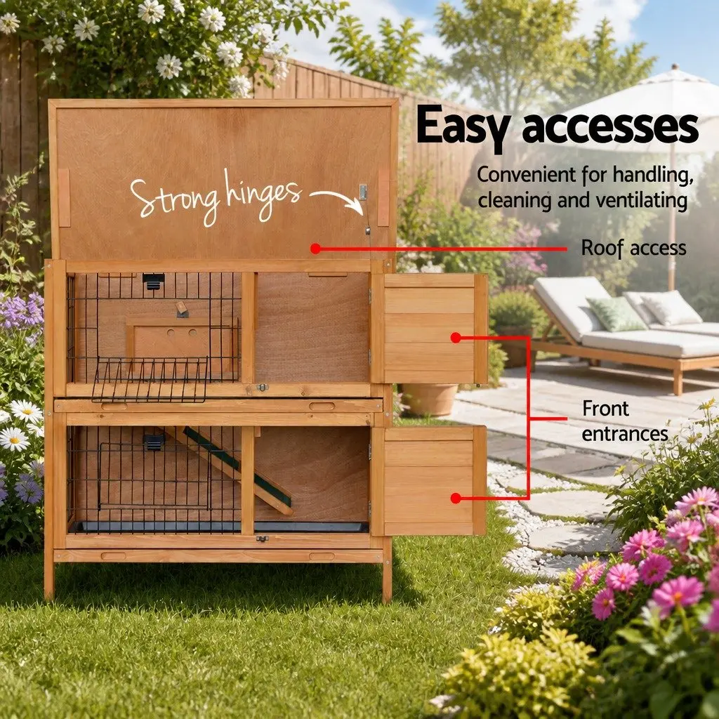Rabbit Hutch 91.5cm Large Wooden Double Tier Cage with Foldable Ramps for Small Animals