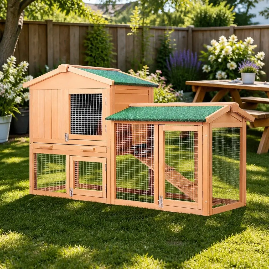 Wooden Chicken Coop Rabbit Hutch 138cm Large Outdoor Pet Cage House Run Beige