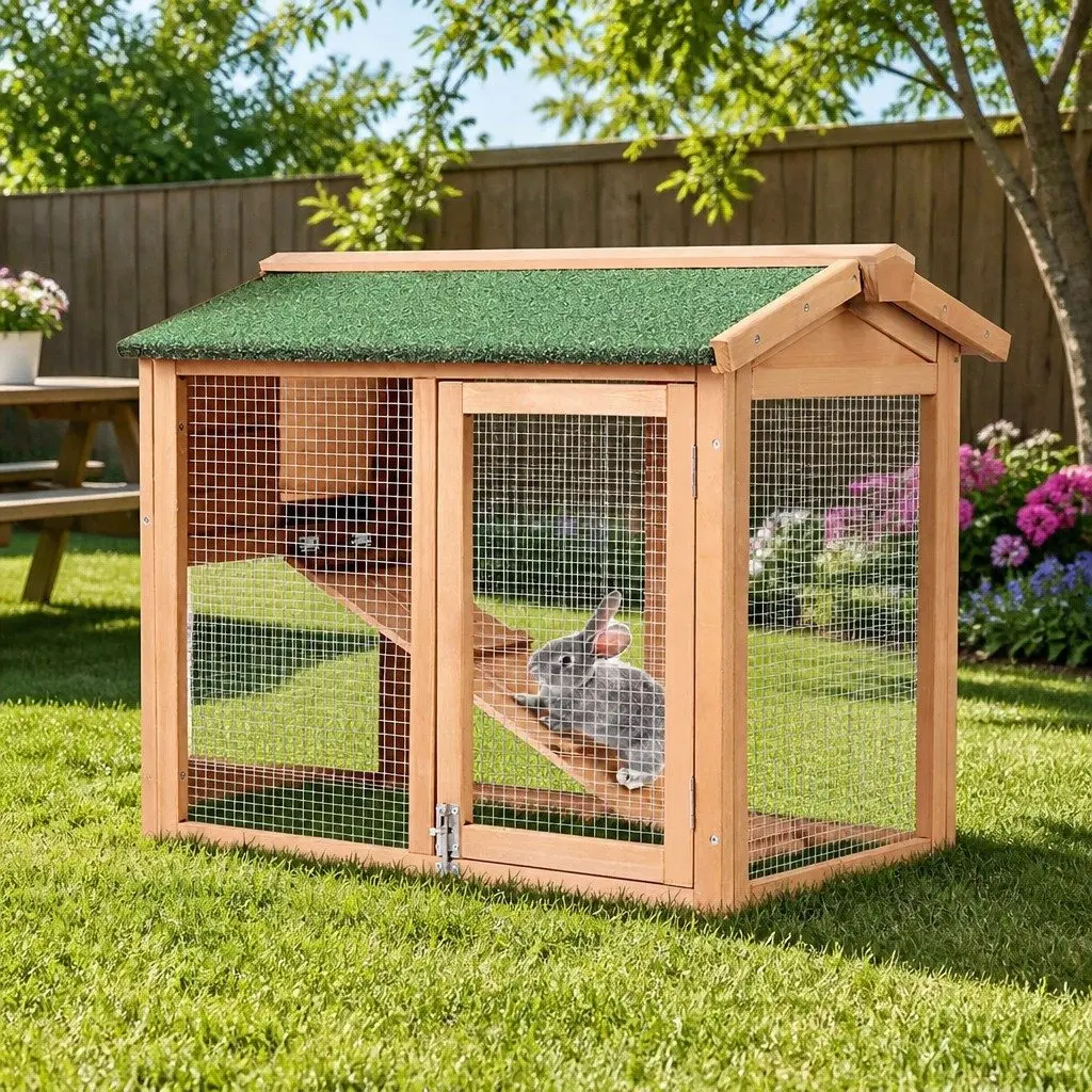 Wooden Chicken Coop Rabbit Hutch 138cm Large Outdoor Pet Cage House Run Beige
