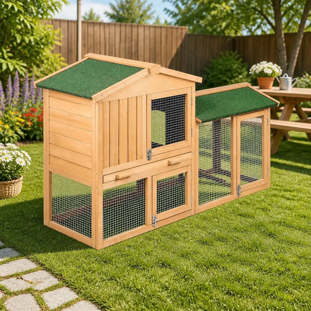 Wooden Chicken Coop Rabbit Hutch 138cm Large Outdoor Pet Cage House Run Beige