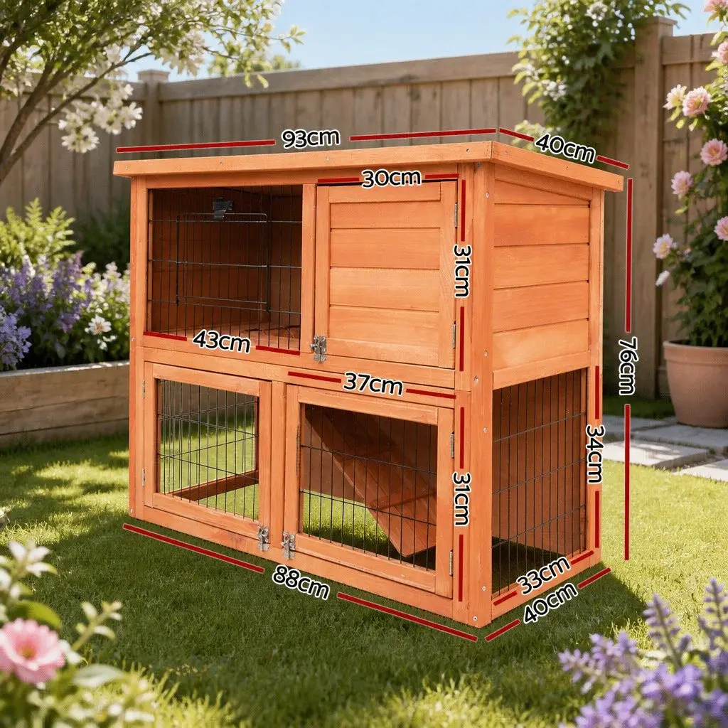 Wooden Rabbit Hutch 88cm Two Storey Pet Cage with Integrated Outdoor Run for Small Animals