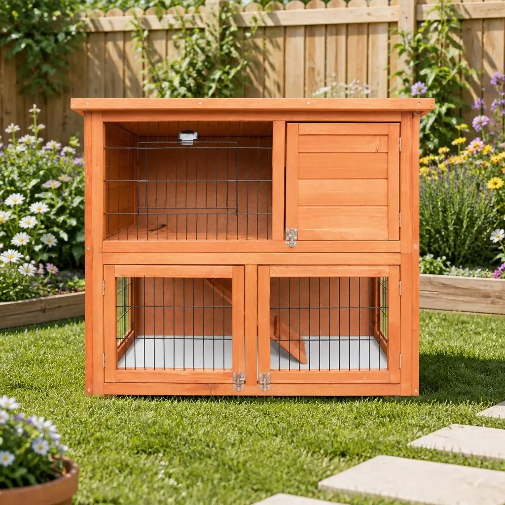 Wooden Rabbit Hutch 88cm Two Storey Pet Cage with Integrated Outdoor Run for Small Animals