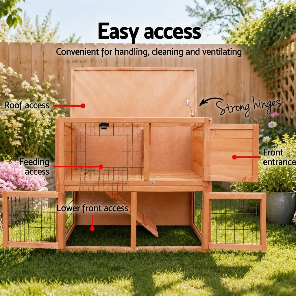 Wooden Rabbit Hutch 88cm Two Storey Pet Cage with Integrated Outdoor Run for Small Animals