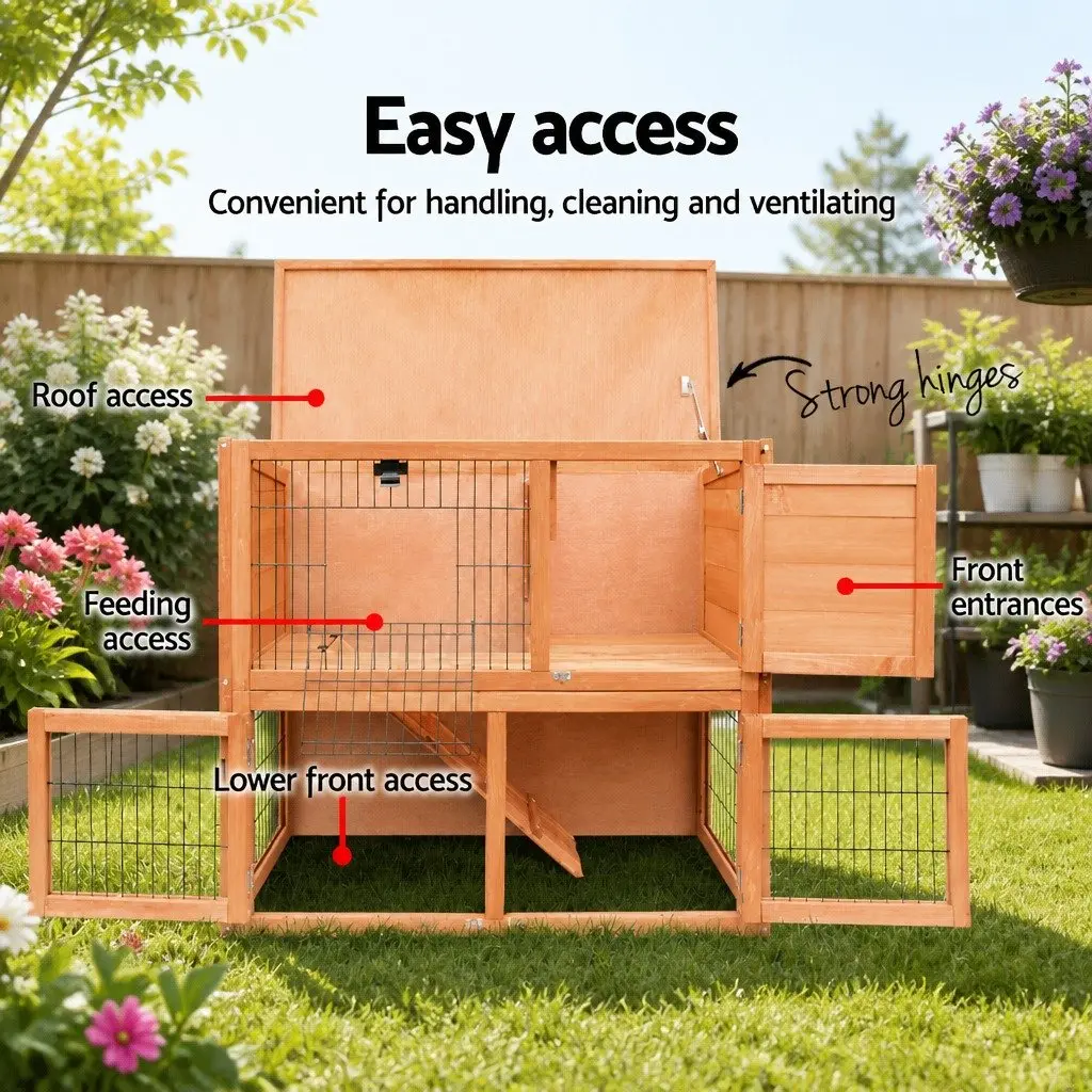 Wooden Rabbit Hutch 88cm Two Storey Pet Cage with Integrated Outdoor Run for Small Animals