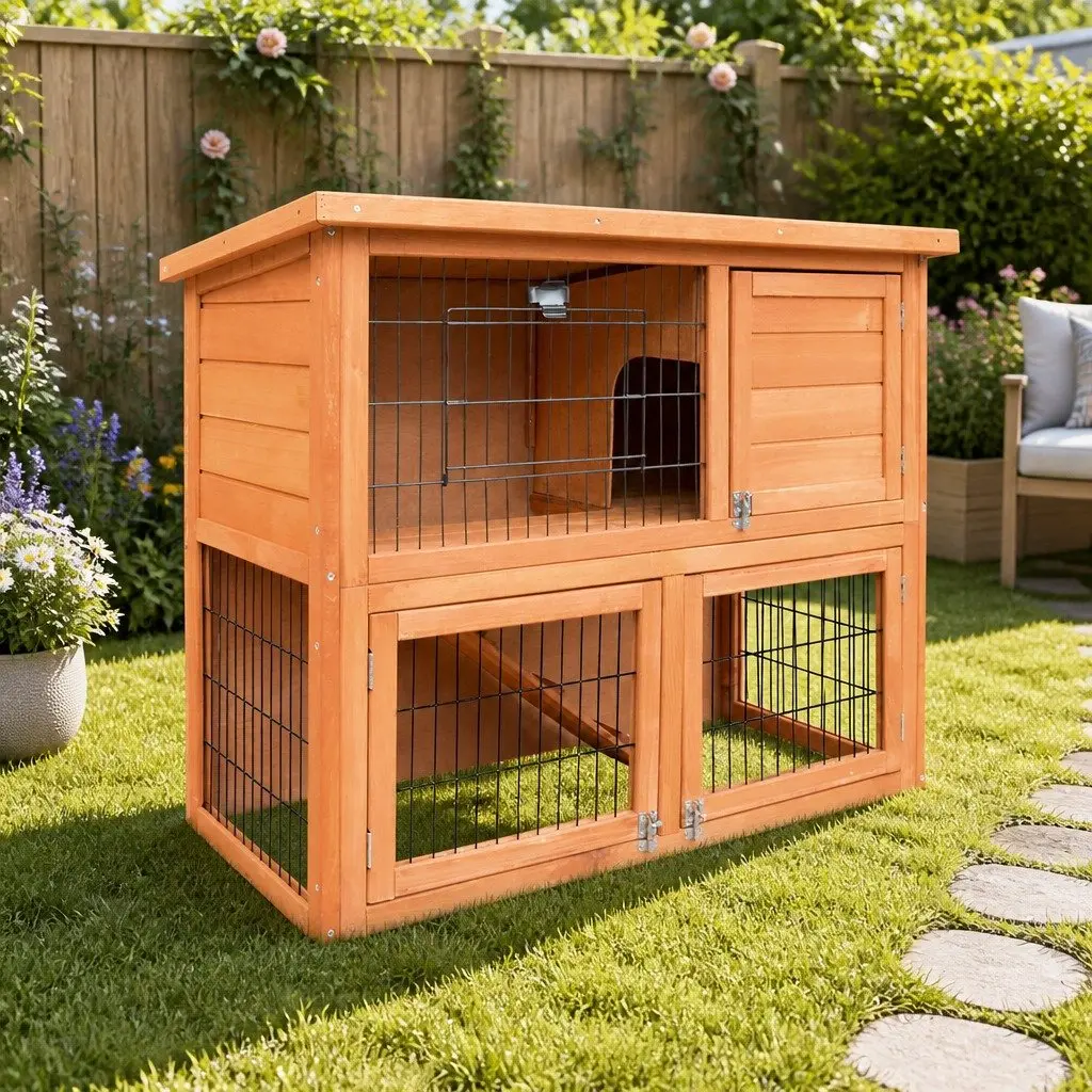 Wooden Rabbit Hutch 88cm Two Storey Pet Cage with Integrated Outdoor Run for Small Animals