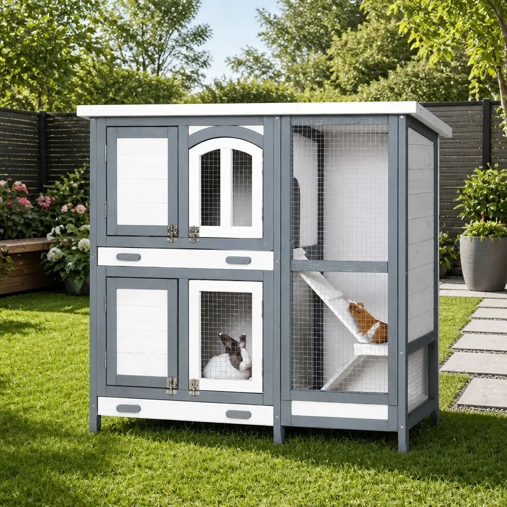 Rabbit Hutch 98cm Large Wooden House Outdoor Habitat with Galvanised Mesh and Asphalt Felt Roof