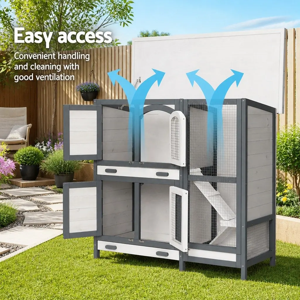 Rabbit Hutch 98cm Large Wooden House Outdoor Habitat with Galvanised Mesh and Asphalt Felt Roof