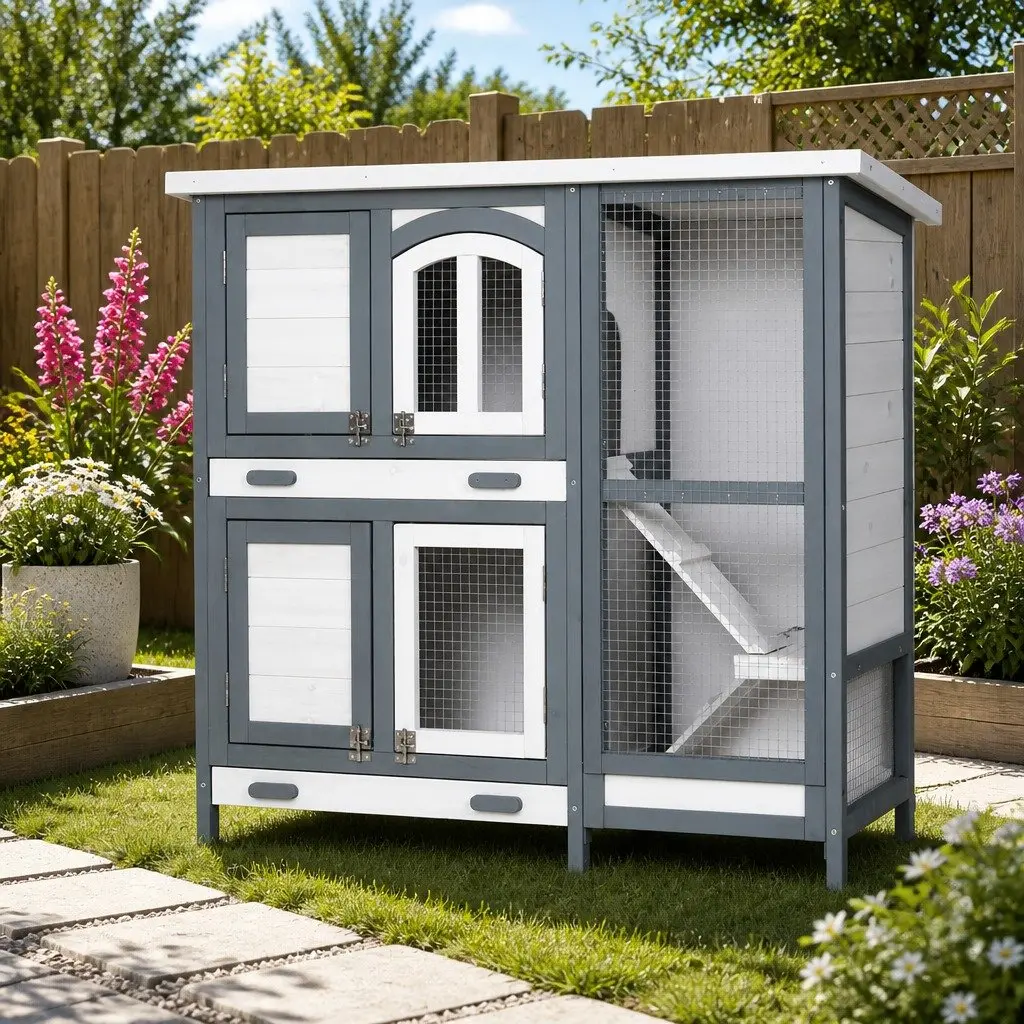 Rabbit Hutch 98cm Large Wooden House Outdoor Habitat with Galvanised Mesh and Asphalt Felt Roof