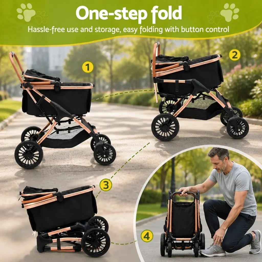 Pet Dog Stroller 3-in-1 Foldable Pushchair Large Carrier Travel 4 Wheels Black