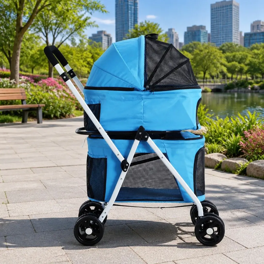 Pet Stroller 3-in-1 Foldable Blue Spacious Interior with Removable Cushion 360° Rotatable Front Wheels Lockable Rear Wheels