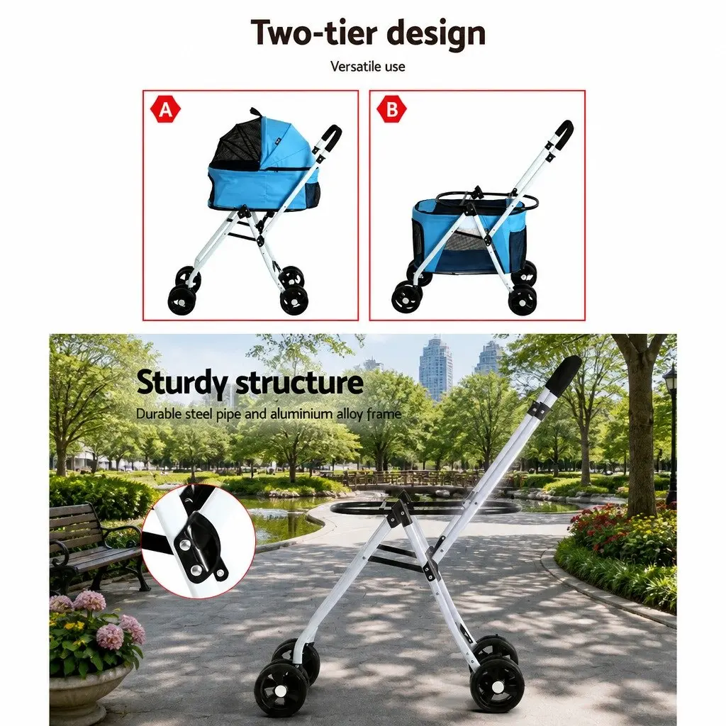 Pet Stroller 3-in-1 Foldable Blue Spacious Interior with Removable Cushion 360° Rotatable Front Wheels Lockable Rear Wheels
