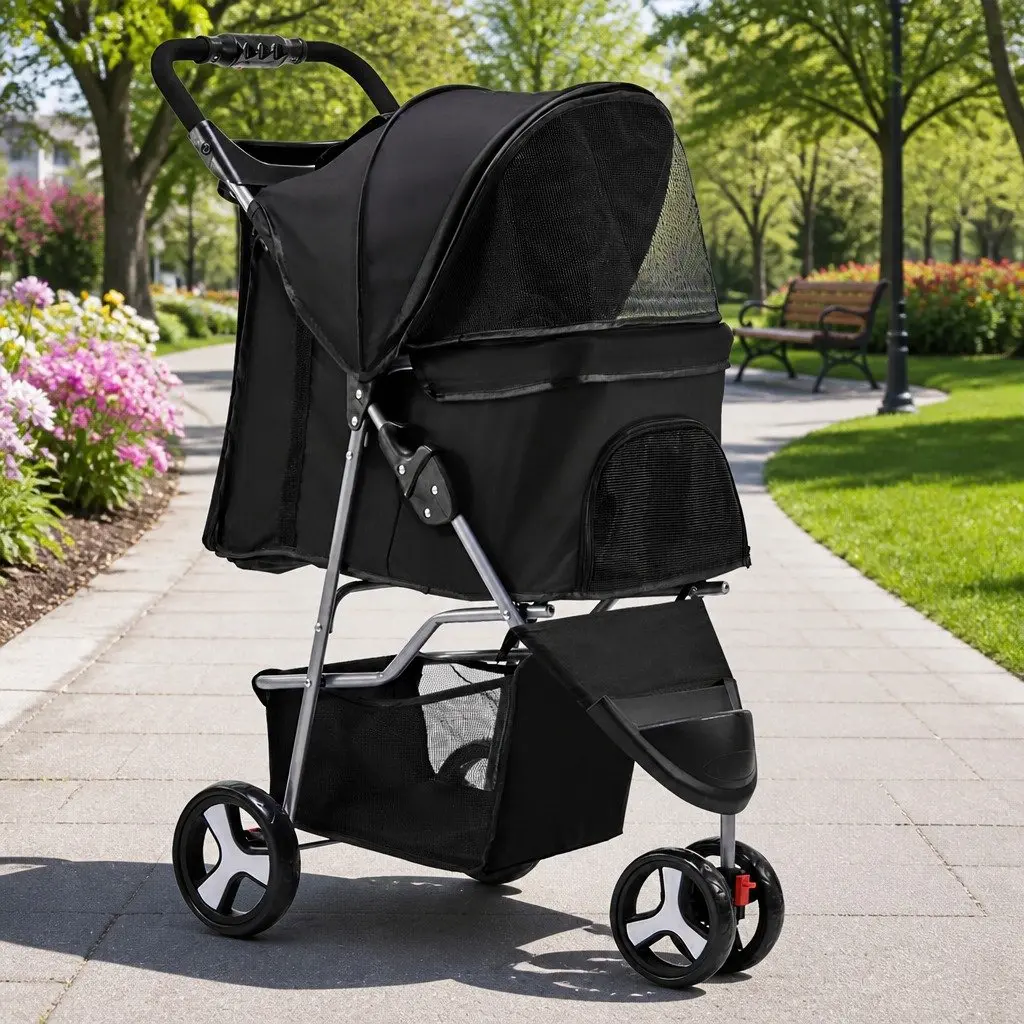 Pet Stroller 3 Wheel Foldable Large Travel Pushchair Black