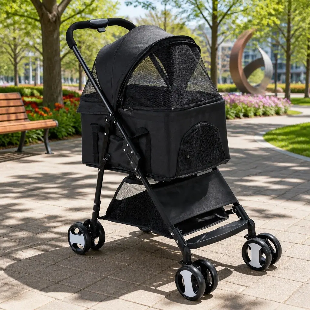Pet Stroller 3-in-1 Foldable Black with Adjustable Front Veil Large Storage Basket 360 Rotatable Wheels