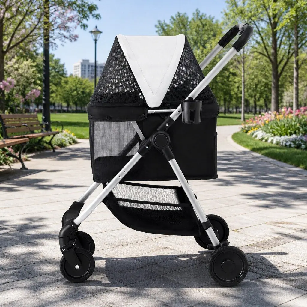 Pet Stroller Large Foldable 4 Wheels Pushchair with Mesh Window and Safety Belts