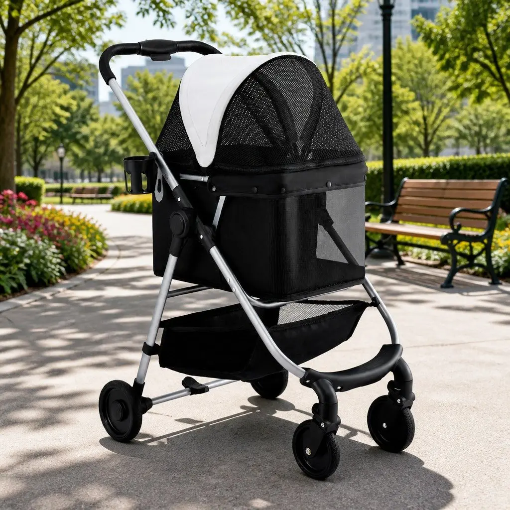 Pet Stroller Large Foldable 4 Wheels Pushchair with Mesh Window and Safety Belts
