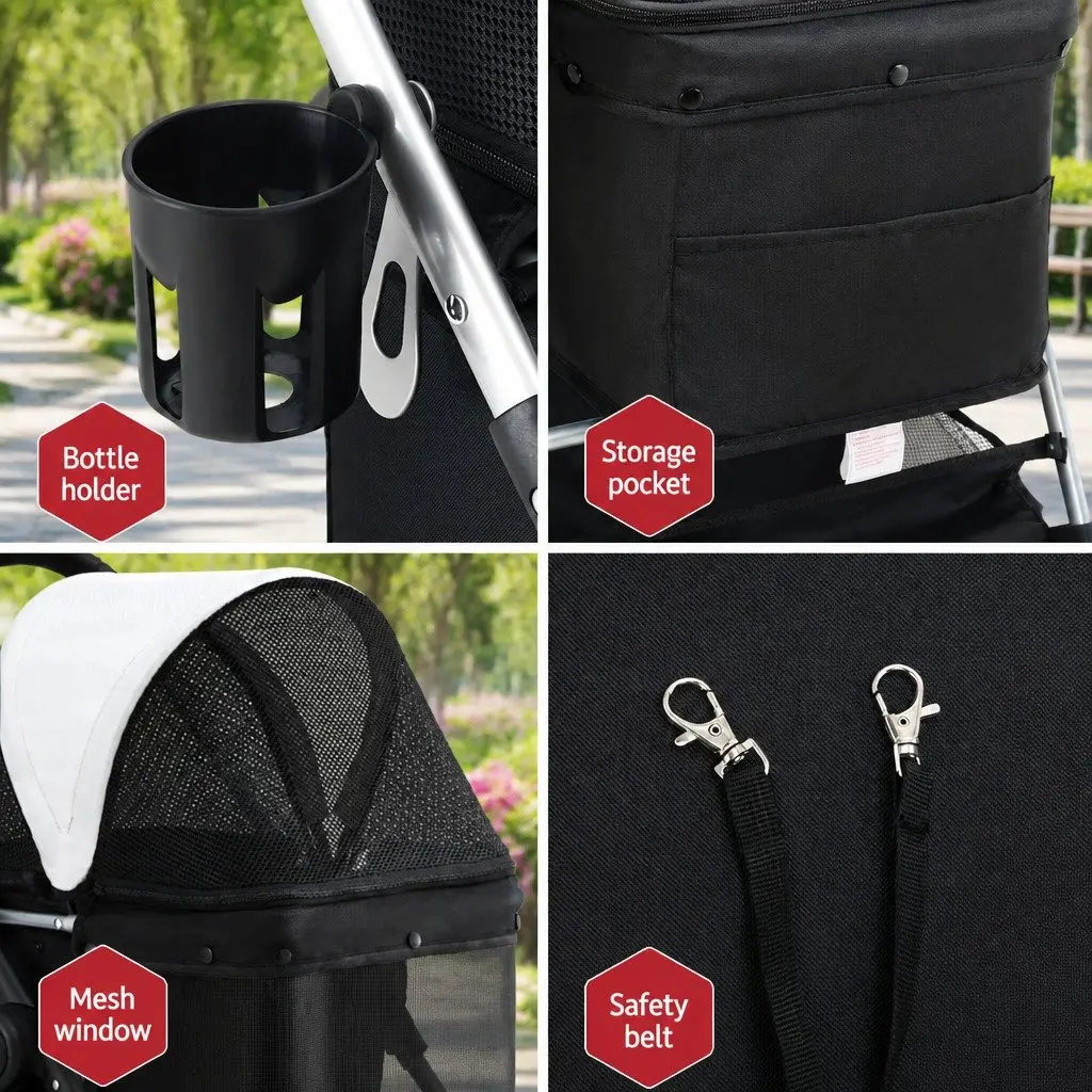 Pet Stroller Large Foldable 4 Wheels Pushchair with Mesh Window and Safety Belts