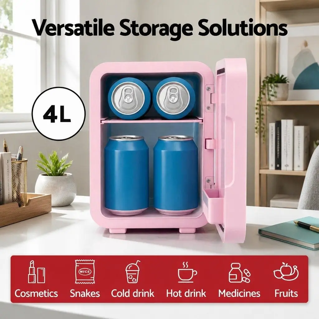 Mini Fridge 4L Portable Skincare Cooler Warmer with LED Mirror Pink