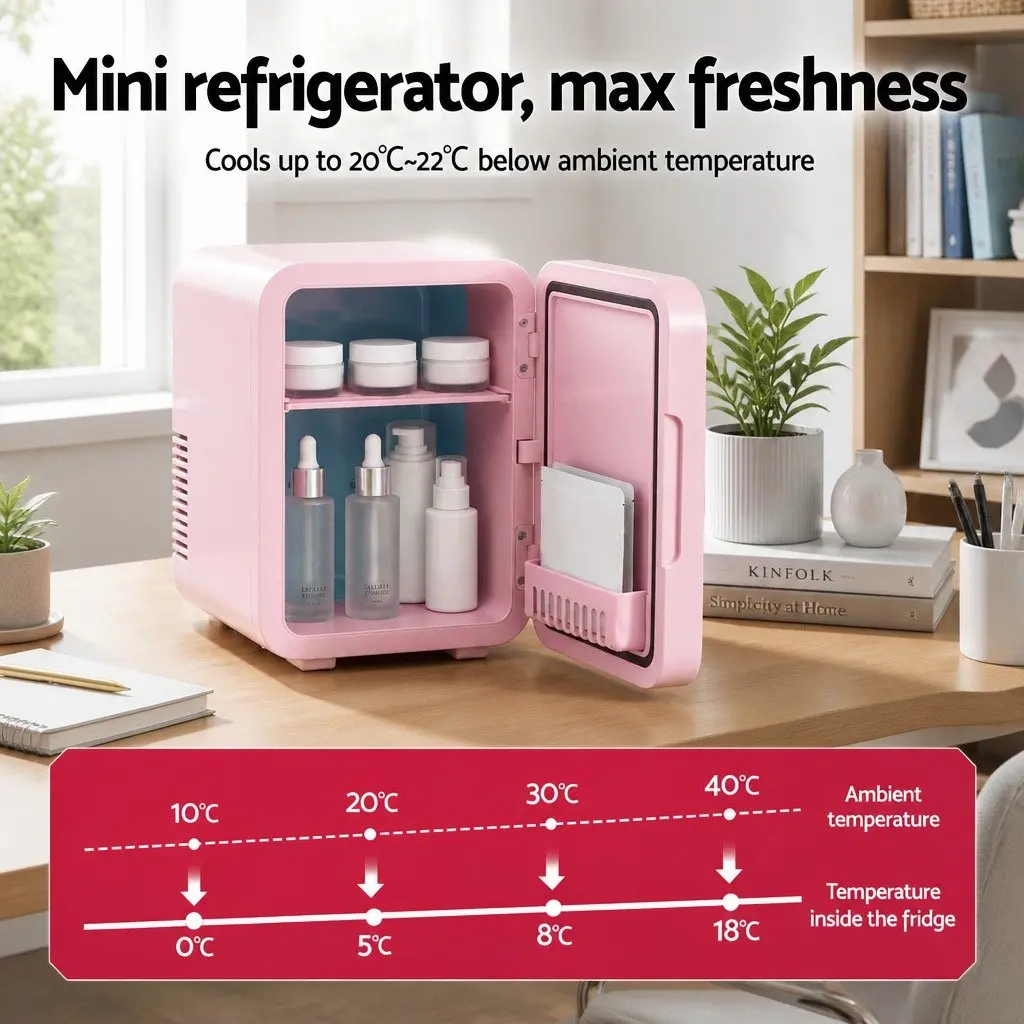 Mini Fridge 4L Portable Skincare Cooler Warmer with LED Mirror Pink
