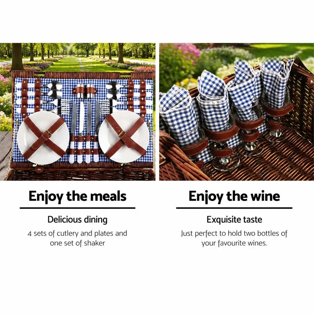 4 Person Picnic Basket Set Insulated Cooler Blanket Wicker Faux Leather Stainless Steel Cutlery