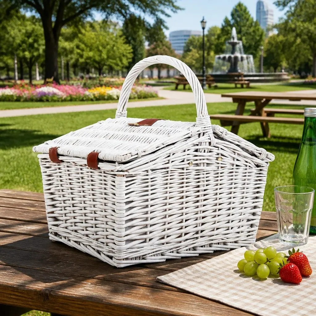 2 Person Picnic Basket Set Willow Insulated Blanket Wine Glasses Cutlery