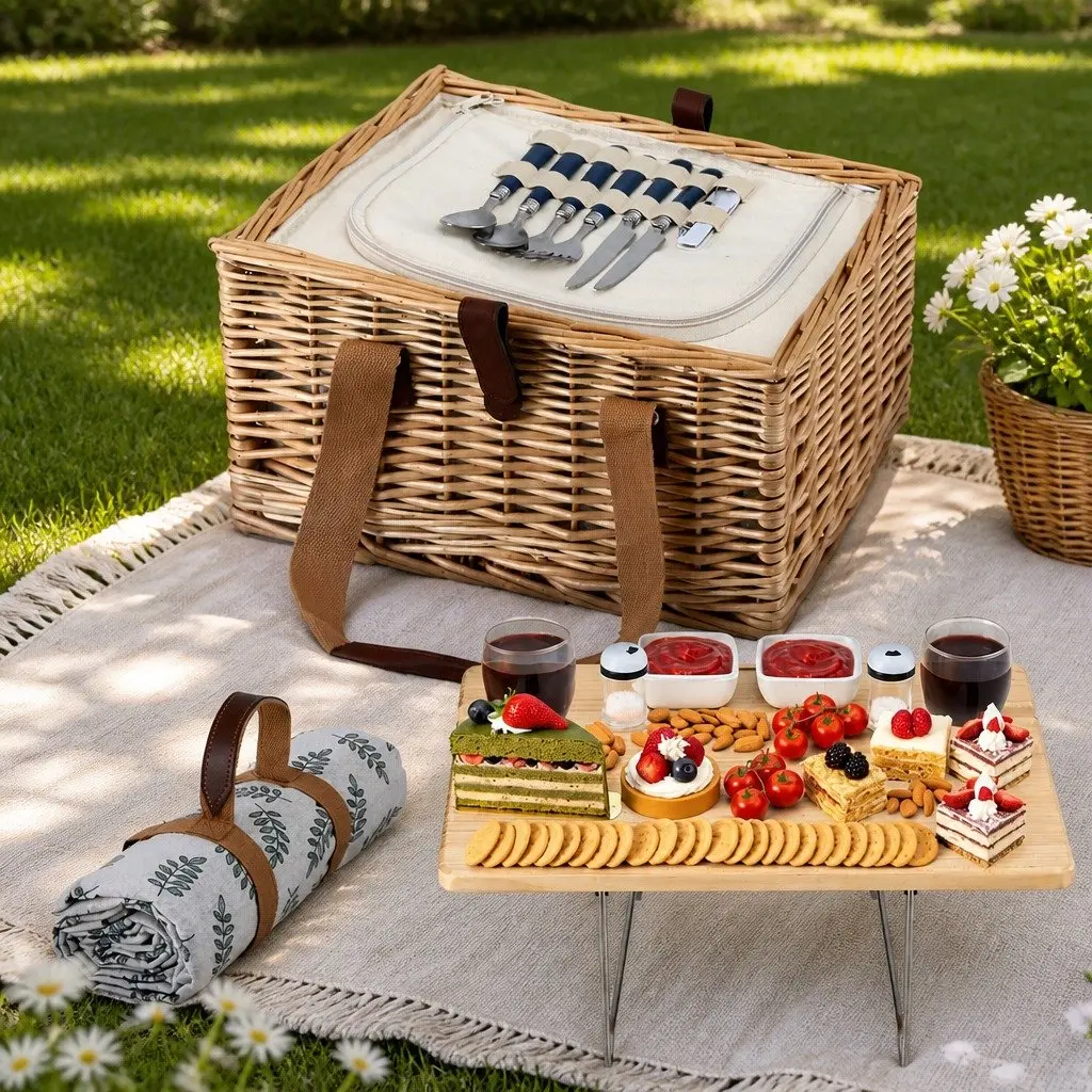 Picnic Basket Set 2 Person Willow Woven with Insulated Cooler Wood Table Portable Blanket
