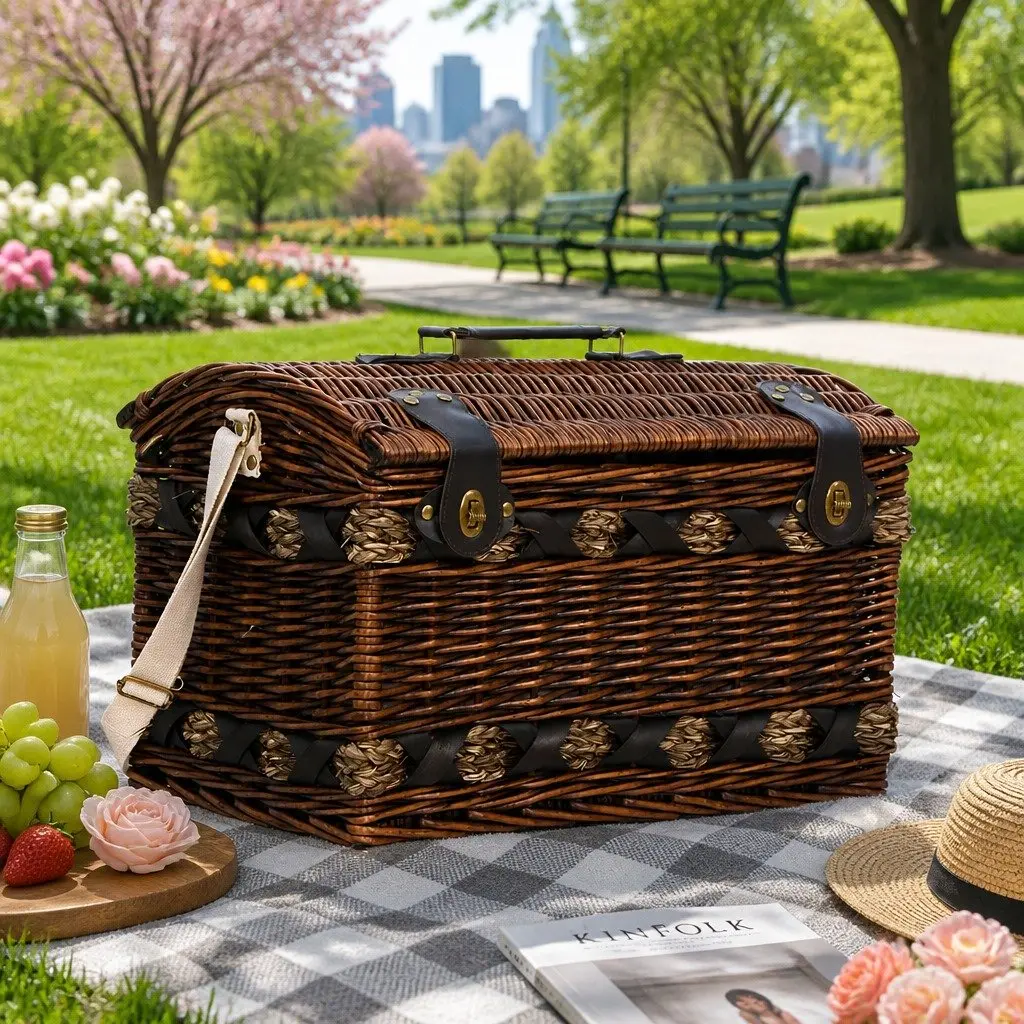 4 Person Picnic Basket Set Willow Wooden Insulated Cooler with Blanket and Dining Accessories