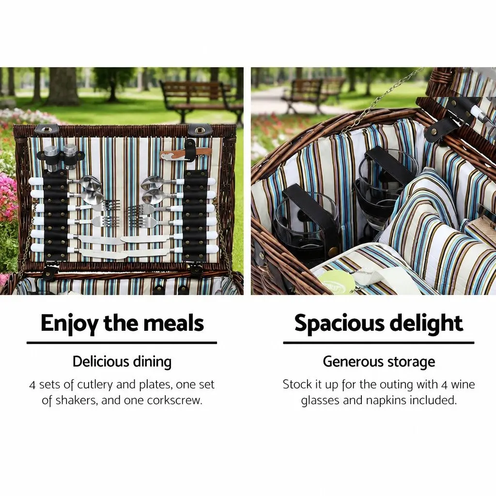 4 Person Picnic Basket Set Willow Wooden Insulated Cooler with Blanket and Dining Accessories