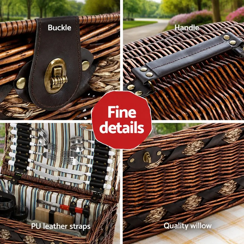 4 Person Picnic Basket Set Willow Wooden Insulated Cooler with Blanket and Dining Accessories